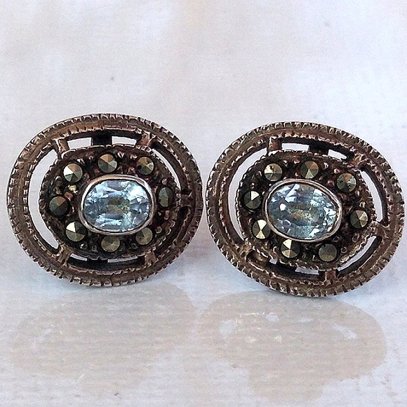 Sterling Silver Aquamarine Marcasite Studs VINTAGE - Picture 7 of 8